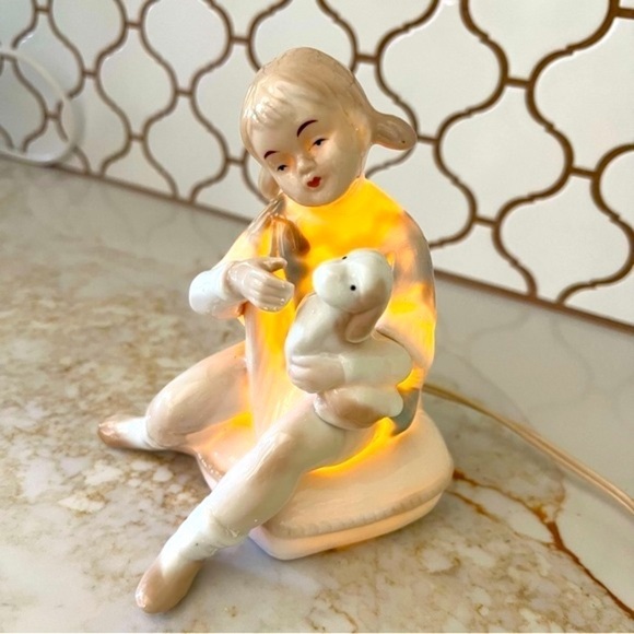 Vintage Lenwile Ardalt Porcelain Girl With Puppy Night Light Lamp - Picture 1 of 15